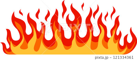 Cartoon flames are rising high with a stylized design, creating a vibrant and energetic visual with red and orange hues against a clean white backdrop 121334361
