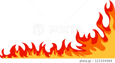 Red and orange cartoon fire flames forming a frame border, rising from the bottom corner against a white background, ideal for danger, warning, and attention grabbing designs 121334364