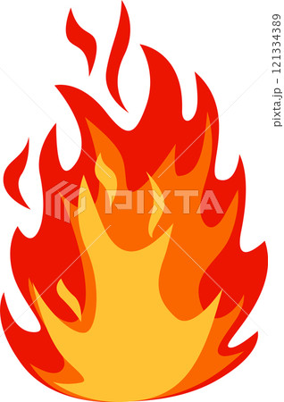 Vibrant red and orange cartoon fire burning with lively flames, creating a warm and inviting atmosphere, effectively symbolizing heat, energy, and intense passion 121334389