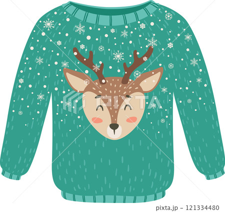 Cozy green Christmas sweater featuring a charming reindeer face surrounded by playful snowflakes, creating a delightful look for festive celebrations and joyful winter holidays 121334480