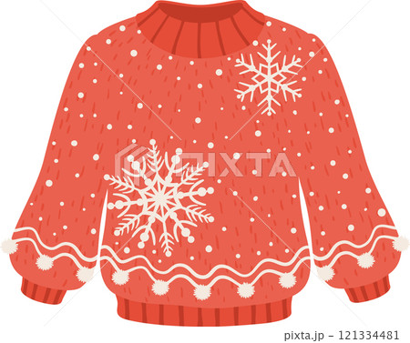 Warm red christmas sweater with white snowflakes and pompoms is perfect for winter holidays and celebrations, bringing cozy and festive vibes 121334481
