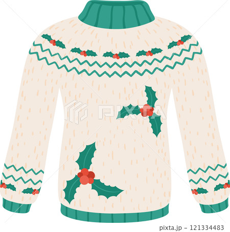 Warm knitted Christmas sweater featuring holly berries and green decorations, ideal for celebrating Christmas Eve or ringing in the New Year at festive gatherings 121334483