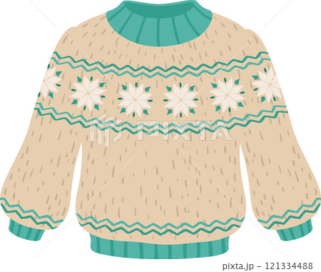 Cozy Christmas sweater featuring a delightful snowflake pattern and vibrant turquoise accents, offering warmth and comfort during festive winter celebrations and holiday gatherings 121334488