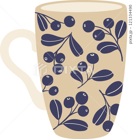 Cozy autumn vibes emanating from a beige mug adorned with a charming blueberry pattern, perfect for enjoying a warm beverage on a crisp fall day 121334490