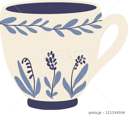 Charming rustic teacup adorned with a delicate blue floral pattern, evokes a sense of tranquility and warmth, perfect for savoring quiet moments of reflection 121334504
