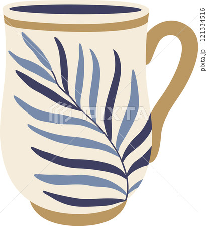 Trendy ceramic mug with a minimalist blue leaf design and golden accents adds a touch of nature to your daily coffee or tea ritual, perfect for showcasing in modern kitchens and cozy cafes 121334516