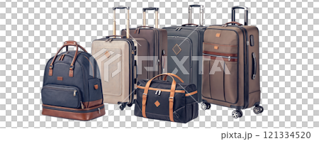 A collection of suitcases and bags is neatly arranged in a line 121334520