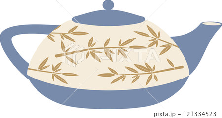 Light blue ceramic teapot featuring bamboo decoration, set against a clean white background, creating an inviting atmosphere for savoring a delightful cup of tea 121334523
