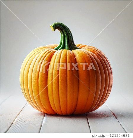 An orange pumpkin with a green stem, showcasing its smooth, ribbed surface and deep vertical grooves, set against a plain white background 121334681