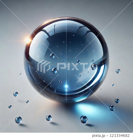 Large transparent sphere with smaller liquid droplets inside and outside, reflecting light, against a smooth gradient background 121334682