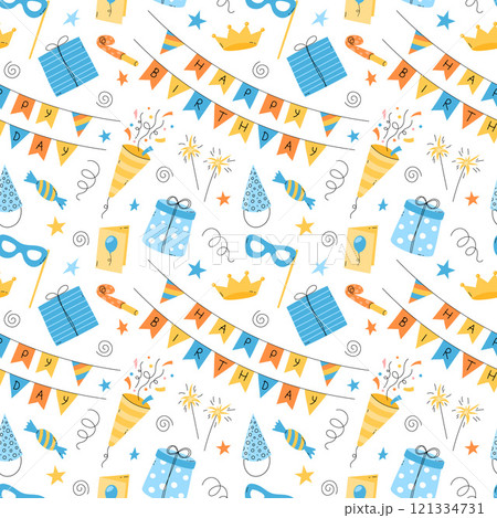 Happy Birthday pattern. Fun vector seamless background, repeated illustration with colorful bday party objects. Funny elements, joyful celebration print. Flat childish design Happy Birthday pattern. Fun vector seamless background, repeated illustration with colorful bday party objects. Funny elements, joyful celebration print. Flat childish design 121334731