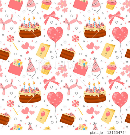 Birthday pattern. Cute girly seamless vector illustration, repetitive pink and white background with bday party objects. Fun elements, joyful celebration. Flat happy birthday print design for girls Birthday pattern. Cute girly seamless vector illustration, repetitive pink and white background with bday party objects. Fun elements, joyful celebration. Flat happy birthday print design for girls 121334734