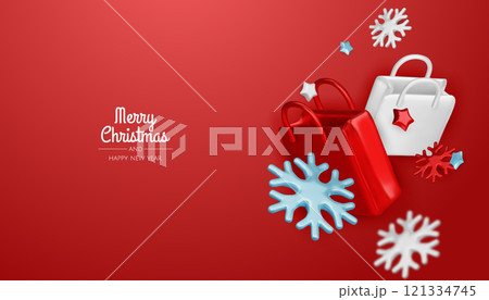 Christmas and New Year Sale. Red bright realistic 3d holiday object design, shopping bag, gift box. Promo sale, advertising banner, web poster. vector illustration Christmas and New Year Sale. Red bright realistic 3d holiday object design, shopping bag, gift box. Promo sale, advertising banner, web poster. vector illustration 121334745