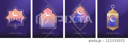 Ramadan Kareem window and lantern backgrounds. Modern Islamic greeting card template and wallpaper Ramadan Kareem window and lantern backgrounds. Modern Islamic greeting card template and wallpaper 121335015