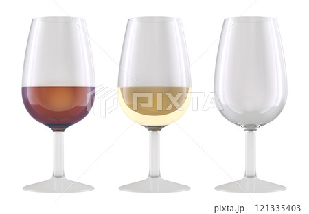 Empty wine glass and glasses with red and white wine. 3D rendering 121335403