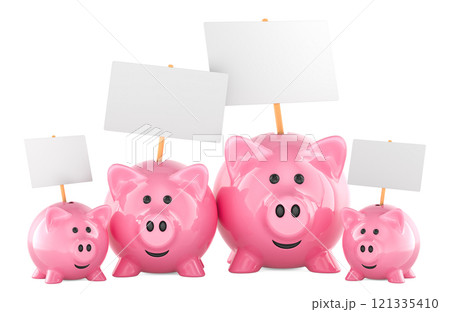 Piggy bank family with blank placards, 3D rendering 121335410