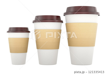 Set of disposable cups with lid for takeaway, different size. Small, medium and large. 3D rendering 121335413