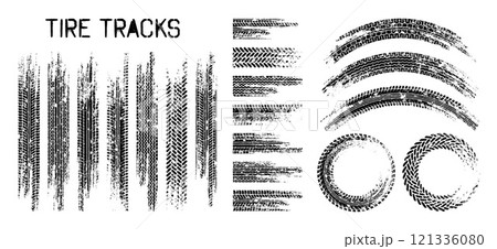 Grunge tire tracks, wheel braking marks. Truck, car or motorcycle tread pattern silhouettes. Auto race, motorsport, speed racing design element. Vector illustration Grunge tire tracks, wheel braking marks. Truck, car or motorcycle tread pattern silhouettes. Auto race, motorsport, speed racing design element. Vector illustration 121336080