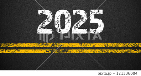 Asphalt road with yellow lane marking, concrete highway surface, texture. New year 2025. Street traffic line, road dividing strip. Pattern grainy structure, grunge background. Vector illustration 121336084