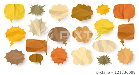 Crumpled brown paper comic speech bubbles. Hand drawn retro cartoon stickers. Pop art style. Old, vintage dialog boxes with cardboard texture. Vector illustration 121336089