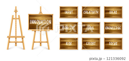 Wooden chalkboard on easel. Blackboard in wooden frame on a tripod. Presentation board with text, writing or drawing surface. Innovation, creativity and creative ideas. Vector illustration 121336092