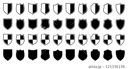 Set of various vintage shield icons. Black heraldic shields. Protection and security symbol, label. Vector illustration. 121336136