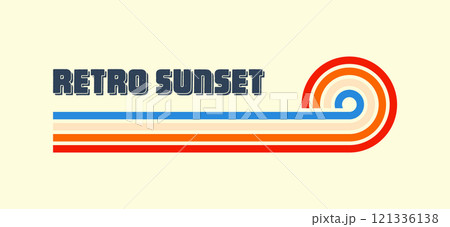 Horizontal vintage sunset. Various colorful striped sunrise badges in 80s and 90s style. Sun and ocean view, summer vibes, surfing. Design element, print, logo or t-shirt. Vector illustration 121336138