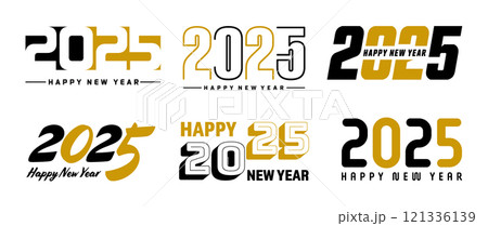 Set of 2025 Happy New Year greeting text designs. Christmas banner, poster, festive greeting card or seasonal promotion template. Collection of 2025 numbers with greetings. Vector illustration 121336139