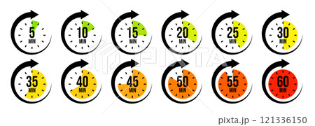Stopwatch icons with pointer arrow. Colorful chronometer, time counter with dial. Countdown time, hours and minutes. Deadline, sport measurement. Cooking time label, sticker. Vector illustration Stopwatch icons with pointer arrow. Colorful chronometer, time counter with dial. Countdown time, hours and minutes. Deadline, sport measurement. Cooking time label, sticker. Vector illustration 121336150