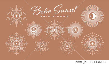 Vintage sunburst, sunset beams collection. Boho style, modern minimalist bohemian design. Hand drawn bursting sun, light rays. Logotype or lettering design element in retro style. Vector illustration 121336165