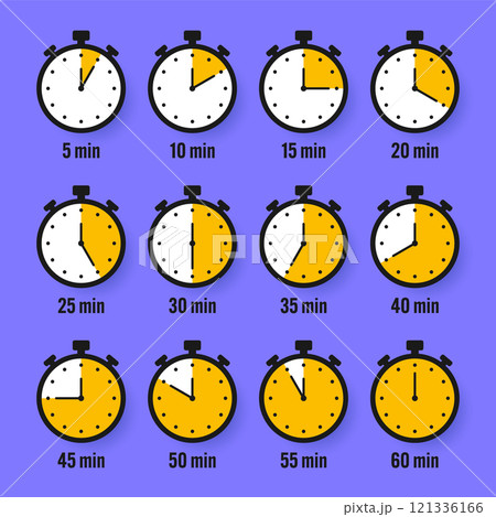 Stopwatch icons. Colorful simple chronometer, time counter with dial. Countdown timer showing hours and minutes. Deadline, measurement for sport. Cooking time label, sticker. Vector illustration 121336166