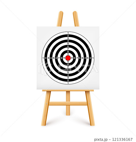 Shooting range target on a wooden easel stand. Paper target with divisions, marks and numbers. Archery, gun shooting and training, sport competition, hunting. Bullseye and aim. Vector illustration Shooting range target on a wooden easel stand. Paper target with divisions, marks and numbers. Archery, gun shooting and training, sport competition, hunting. Bullseye and aim. Vector illustration 121336167