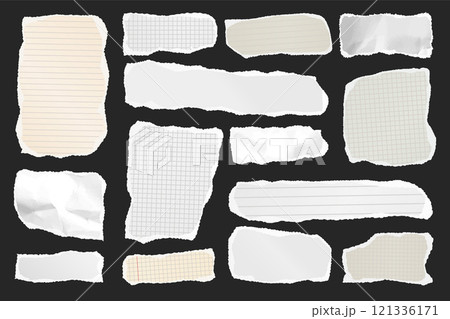 Ripped paper strips. Realistic crumpled paper scraps with torn edges. Shreds of notebook, book or old newspaper pages. Trendy collage elements. Vector illustration Ripped paper strips. Realistic crumpled paper scraps with torn edges. Shreds of notebook, book or old newspaper pages. Trendy collage elements. Vector illustration 121336171
