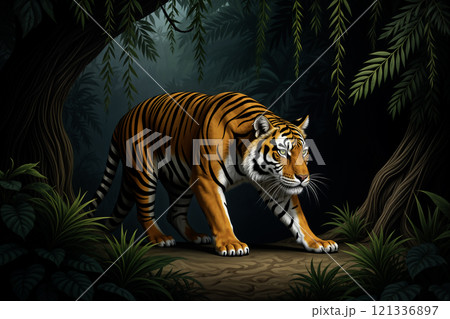 Bengal tiger walking in lush tropical forest 121336897