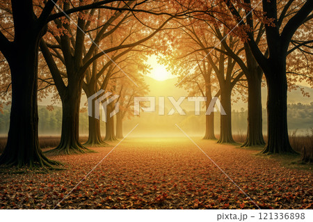 Golden autumn forest with sunlight streaming through tall trees 121336898