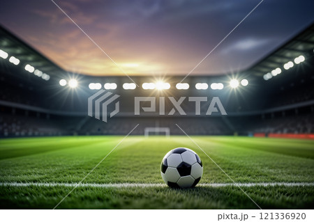 Football stadium at dusk with glowing floodlights and lush green field 121336920