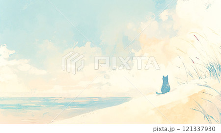 海を眺める黒猫の後ろ姿の抽象的な水彩イラスト風景 121337930