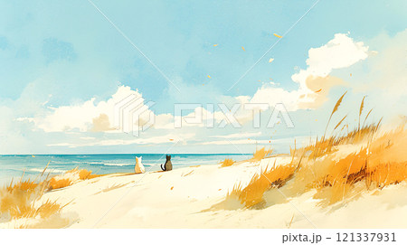 昼の砂浜で海を眺める2匹の猫の後ろ姿の水彩イラスト風景 121337931