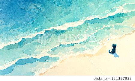 昼の渚に佇む黒猫の後ろ姿の水彩イラスト風景 121337932