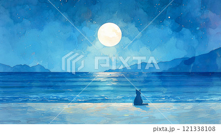 夜の海辺で美しい満月を眺める黒猫の後ろ姿の水彩イラスト風景 夜の海辺で美しい満月を眺める黒猫の後ろ姿の水彩イラスト風景 121338108