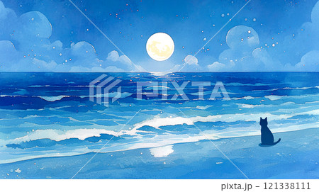 夜の海辺で美しい満月を眺める黒猫の後ろ姿の水彩イラスト風景 夜の海辺で美しい満月を眺める黒猫の後ろ姿の水彩イラスト風景 121338111
