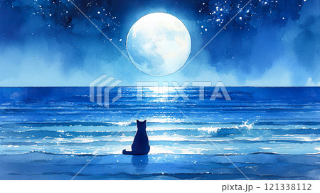 夜の海辺で美しい満月を眺める黒猫の後ろ姿の水彩イラスト風景の