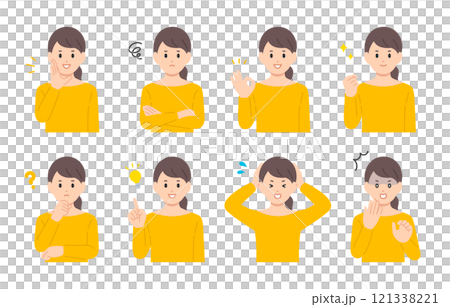 一組表情各異、姿勢各異的年輕女性【人物向量圖素材】 121338221