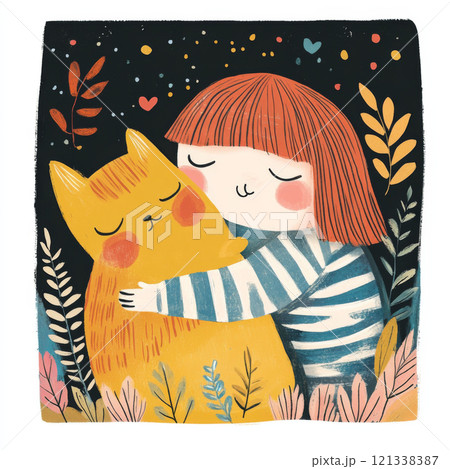 girl with red hair hugs yellow cat in whimsical, colorful illustration. background features leaves and hearts, creating warm, loving atmosphere girl with red hair hugs yellow cat in whimsical, colorful illustration. background features leaves and hearts, creating warm, loving atmosphere 121338387