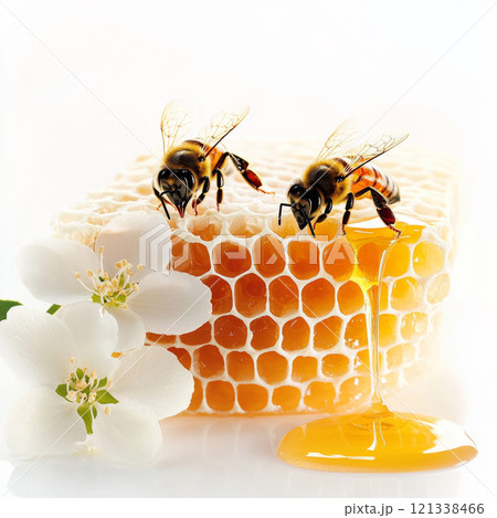 Two bees on honeycomb with honey dripping and white flowers nearby, showcasing natural beauty and sweetness of honey production Two bees on honeycomb with honey dripping and white flowers nearby, showcasing natural beauty and sweetness of honey production 121338466