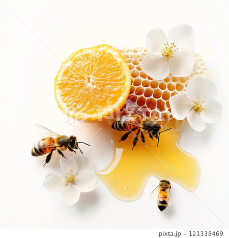Honeycomb with honey, bees, orange slice, and white flowers on white background, creating fresh and natural composition 121338469