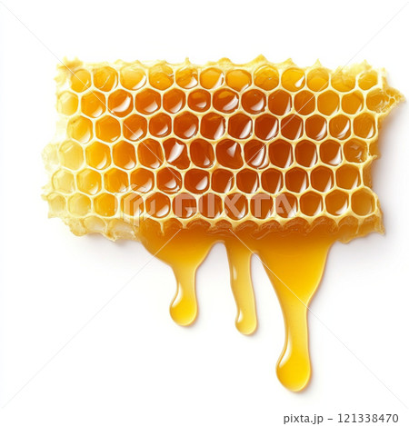 close up of honeycomb with golden honey dripping from it, showcasing natural texture and rich color of honey against white background 121338470