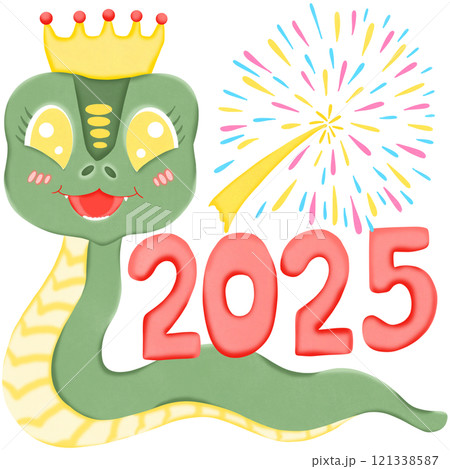 Adorable green snake wearing a crown, celebrating New Year 2025 with vibrant fireworks in the background, cheerful and festive mood. 121338587