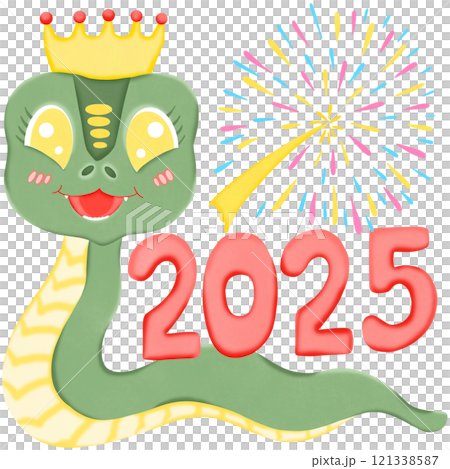 Adorable green snake wearing a crown, celebrating New Year 2025 with vibrant fireworks in the background, cheerful and festive mood. 121338587