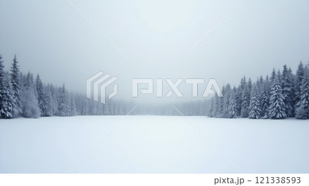 A snowy field with trees in the background 121338593